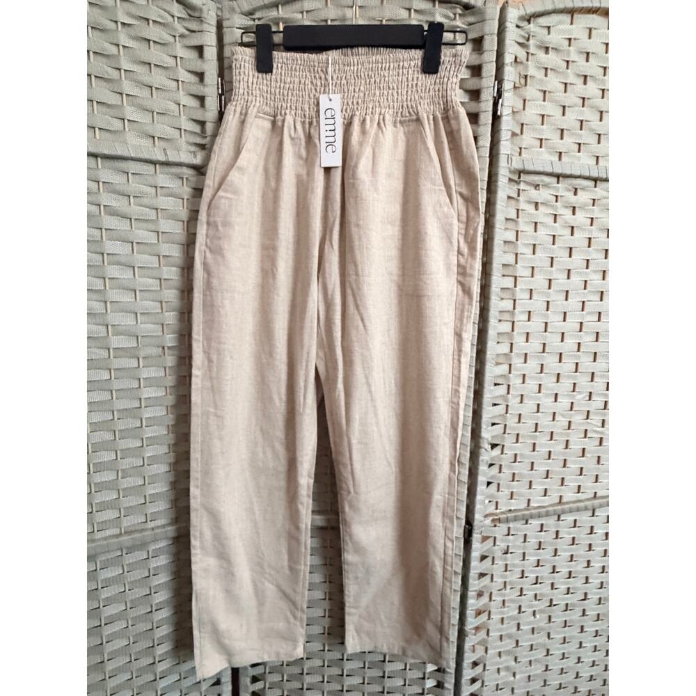 Emme Smocked Waistband Linen Pants Medium Beige NWT Cropped Length Pull On - Picture 2 of 13